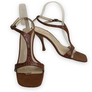 Vera Wang Leather T Strap Sandal Heels Brown Croco Embossed Italian Women Size 8